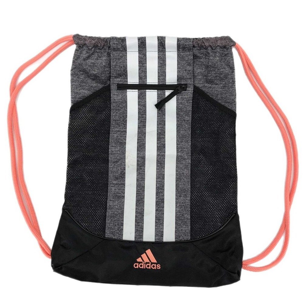 Adidas Gray and Black Drawstring Bag with Coral Accents
